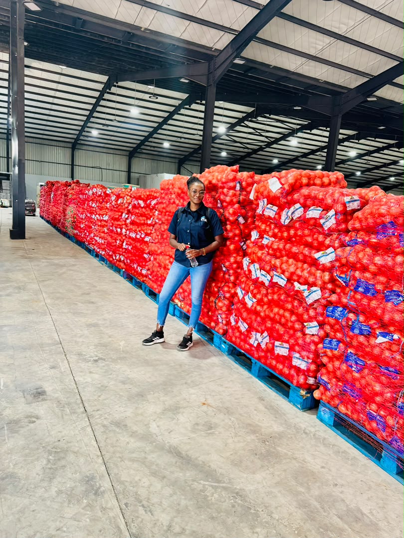 Bags of onions stacked on pallets in a warehouse